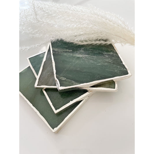 Green Agate Stone Coasters with Silver Edge