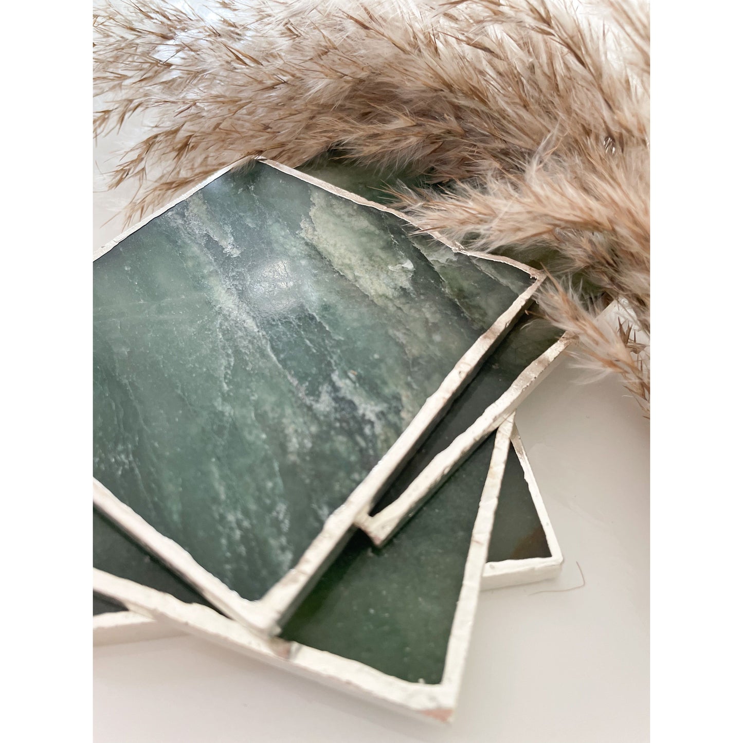 Green Agate Stone Coasters with Silver Edge
