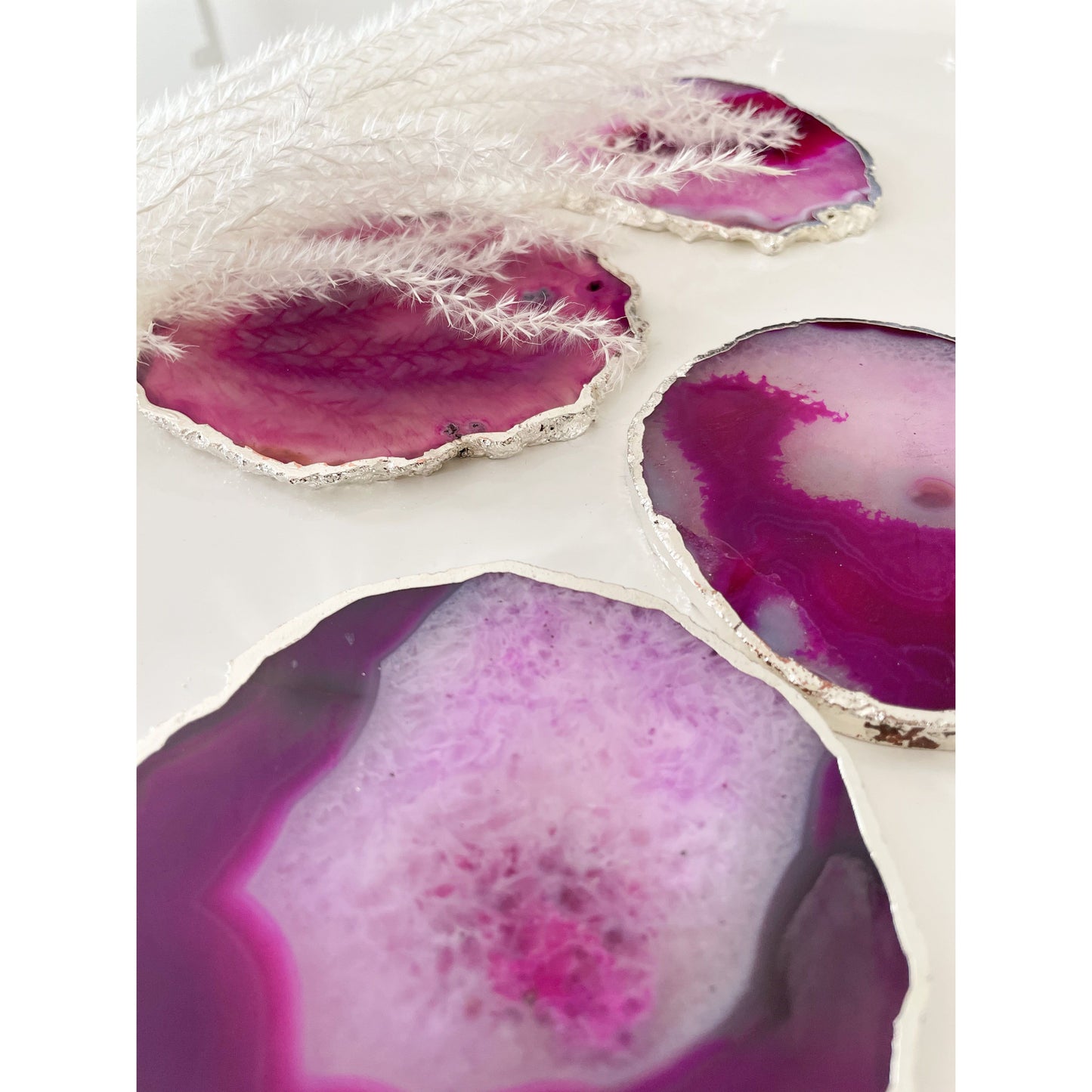 Agate Pink Stone Coasters with Silver Edge