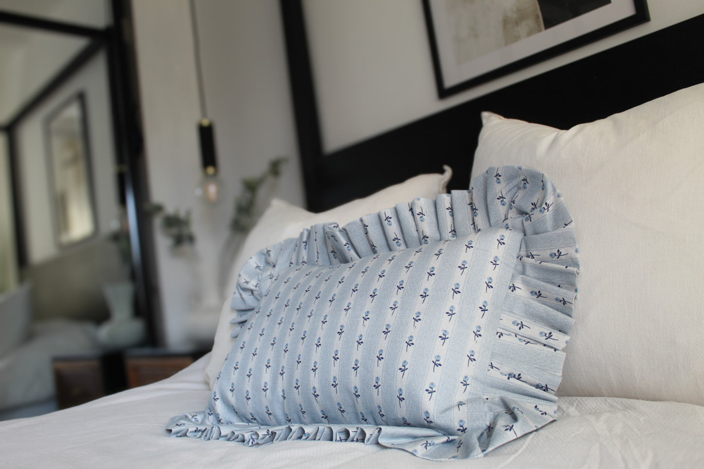 Pastle blue ruffle cotton lumbar cushion 50x30cm