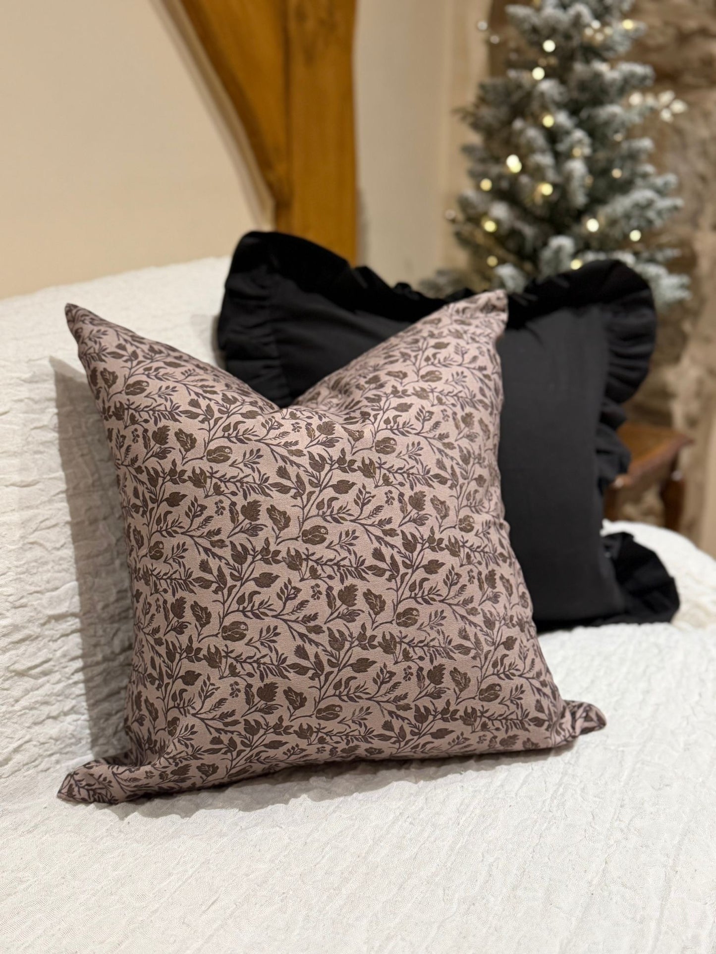 Beige floral cotton cushion with duck feather insert 45x45cm
