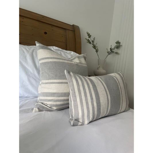 Grey and white linen stripe cushion cover, Minimalistic country style pillow cover, Neutral striped throw cotton cushion cover 2 sizes