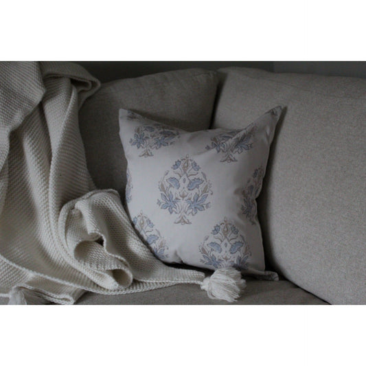 Light grey and blue cotton floral cushion cover 45 x 45cm