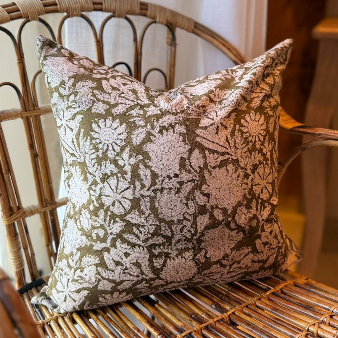 Green country style floral cotton cushion with duck feather insert 45 x 45cm