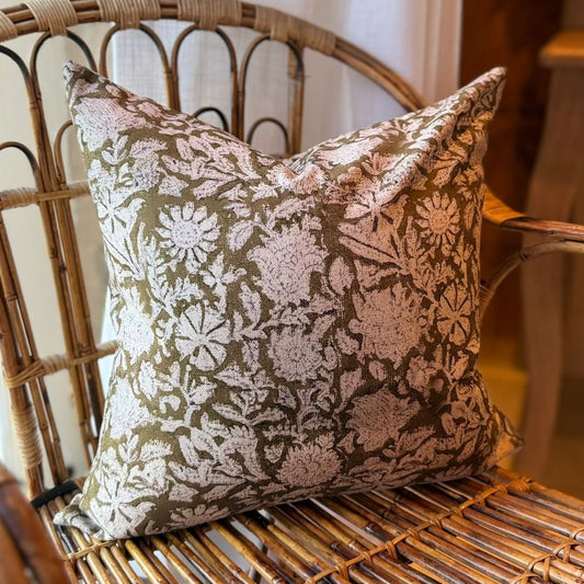 Green country style floral cotton cushion with duck feather insert 45 x 45cm