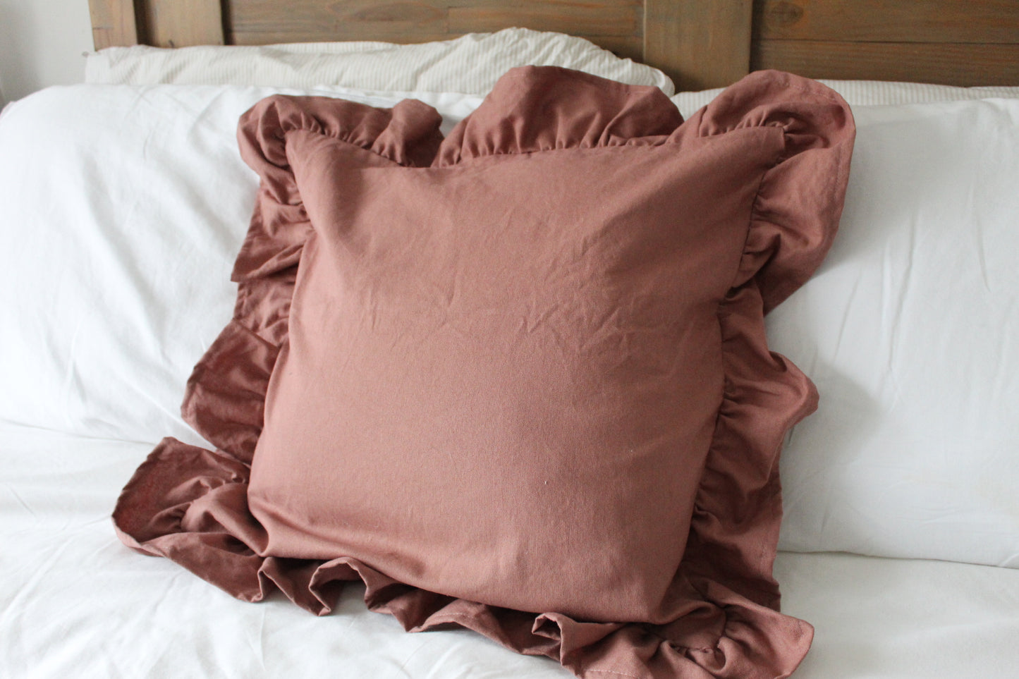 Blush ruffle cotton Cushion with duck feather insert 45x45cm , Dark pink frilly throw pillow, Blush country fringe cushion