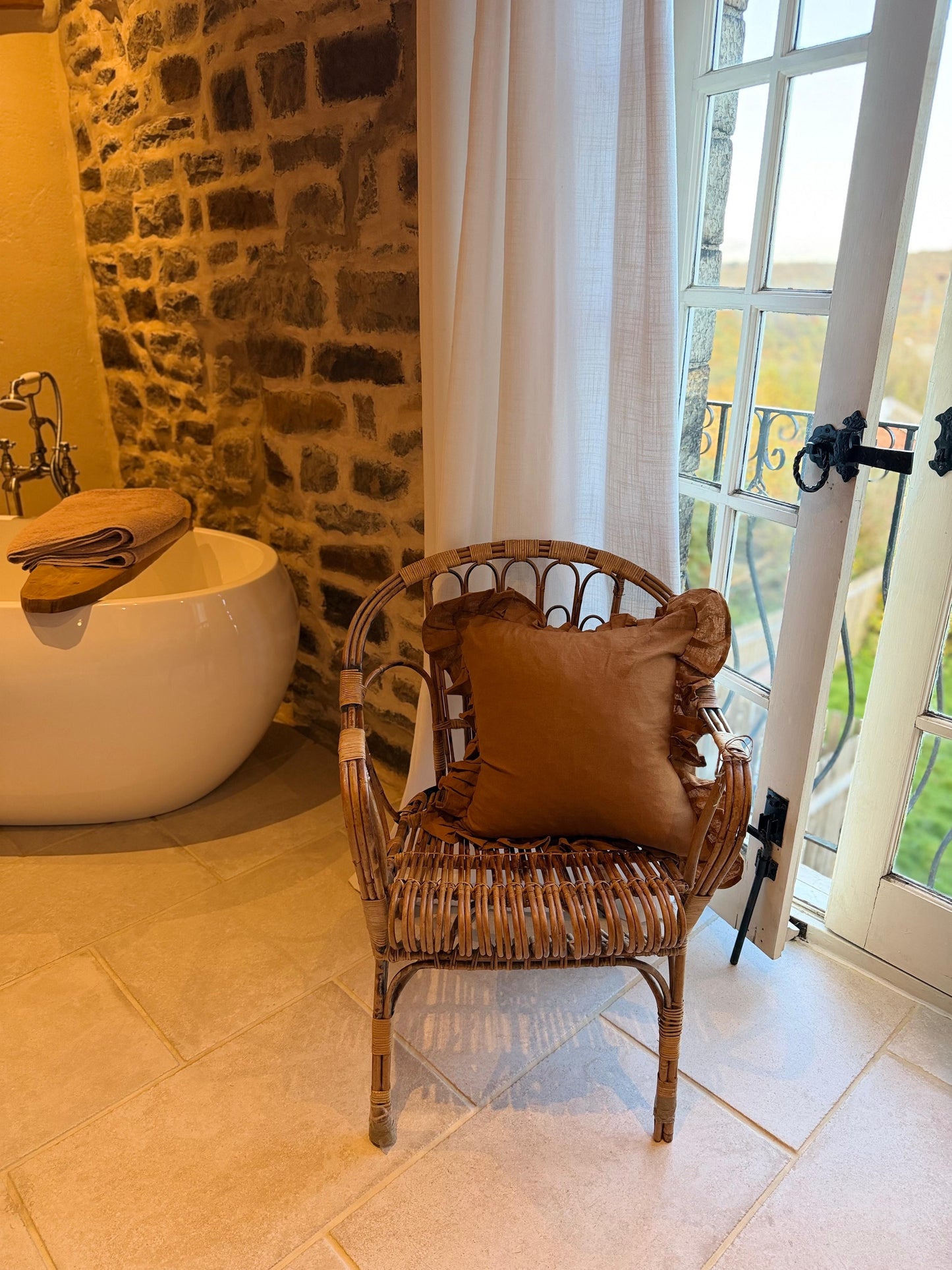 Terracotta ruffle linen cushion 45 x 45cm