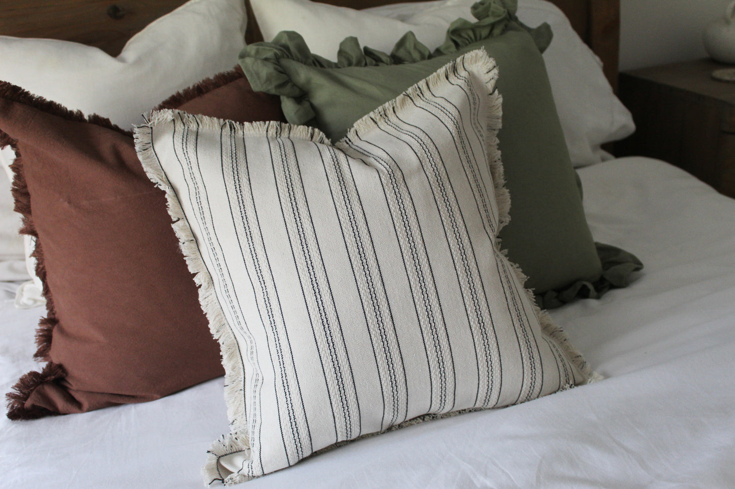 Ivory stripe fringed pillow cover 45x45cm