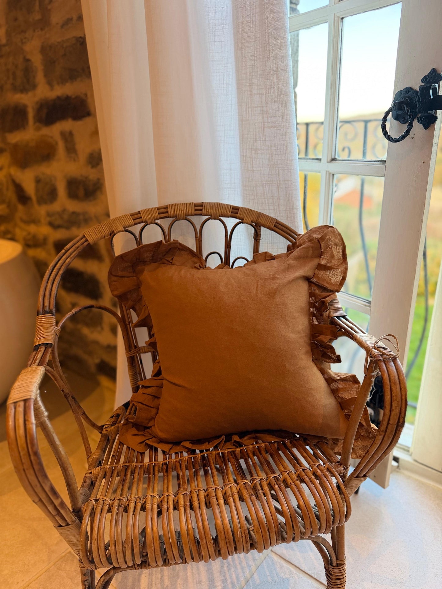 Terracotta ruffle linen cushion 45 x 45cm