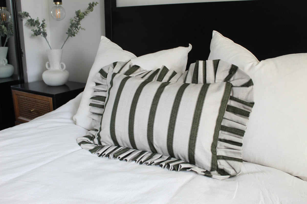 Frilly green stripe cushion cover