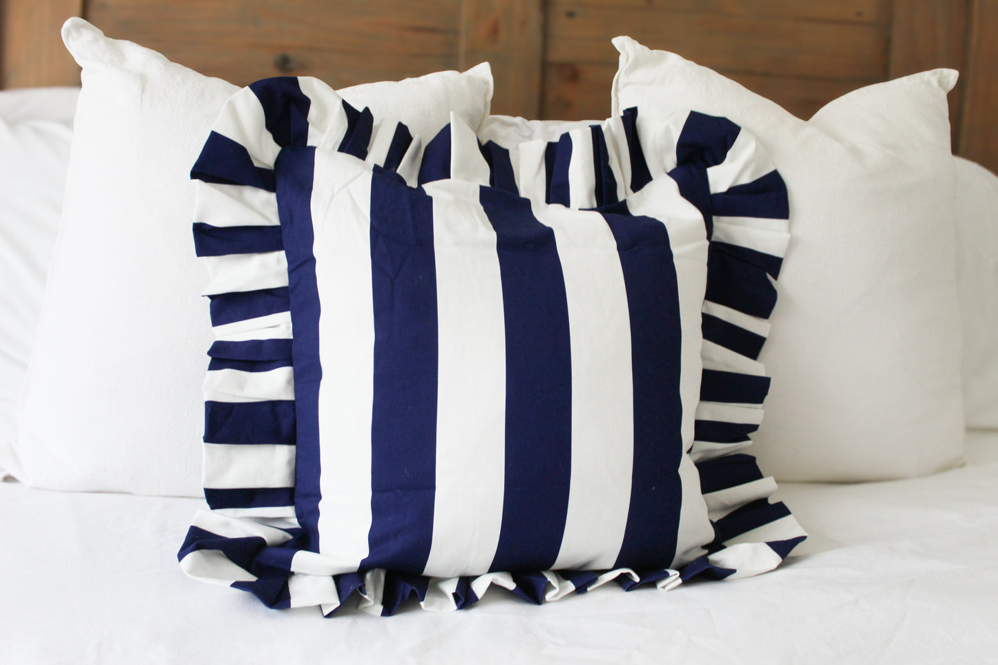 Ruffle navy stripe cotton cushion with duck feather inset 45x45cm