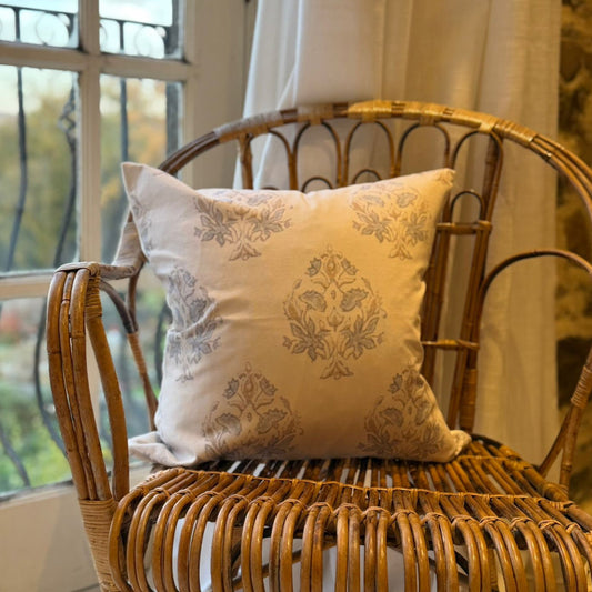 Light grey and blue cotton floral cushion 45 x 45cm