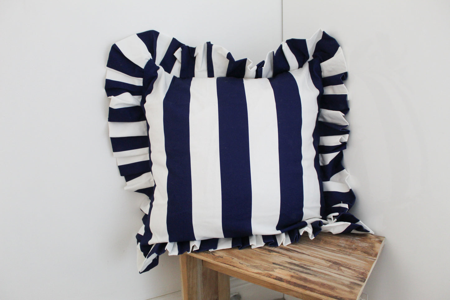 Ruffle navy stripe cotton cushion with duck feather inset 45x45cm