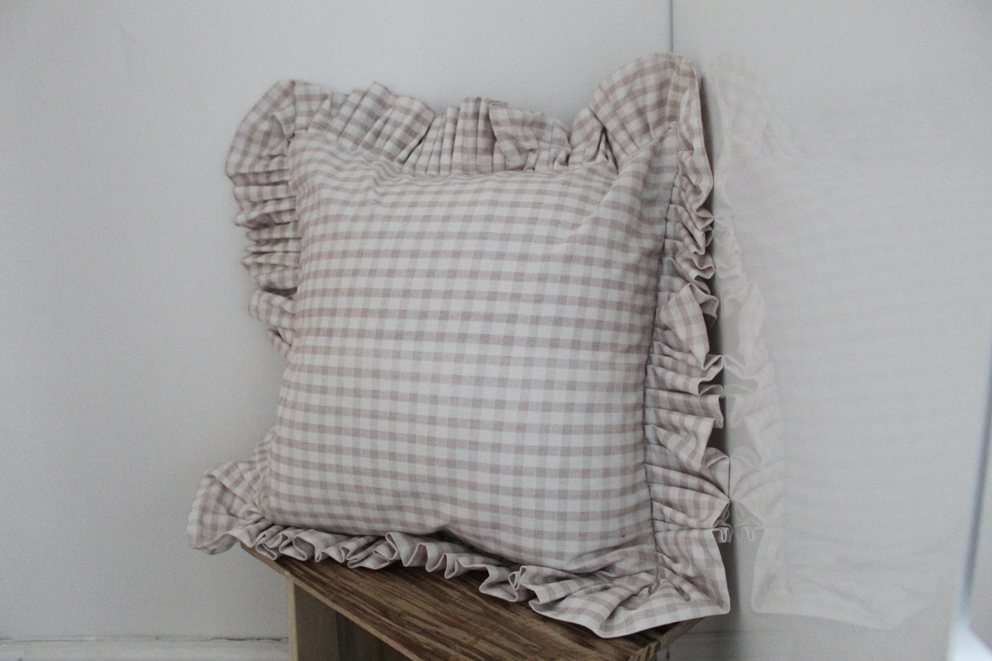 Beige check ruffle Cotton Cushion with duck feather insert 45x45cm , Neutral frilly throw pillow, beige and white cushions