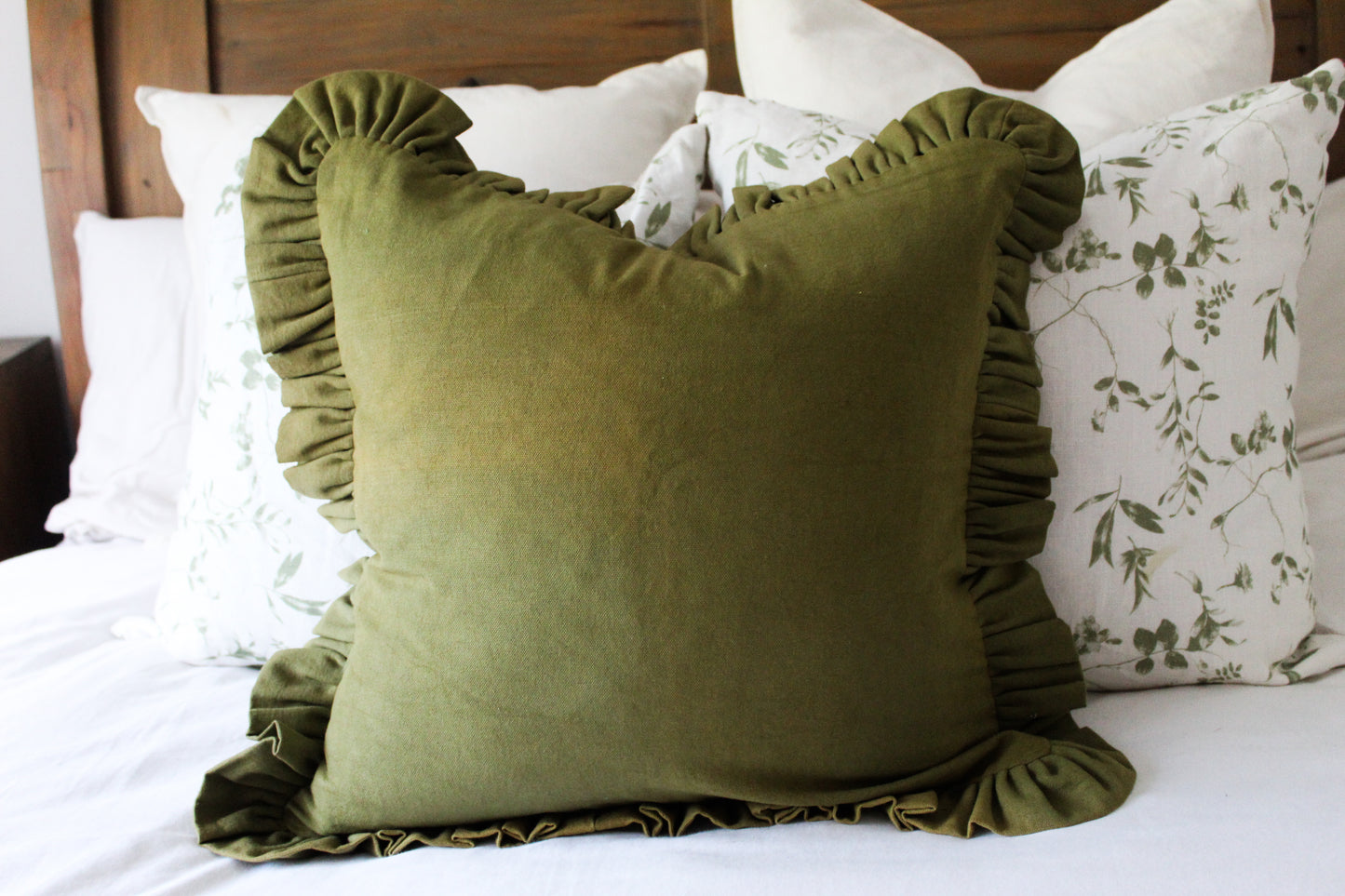 Olive ruffle frill cotton cushion cover 45 x 45xm