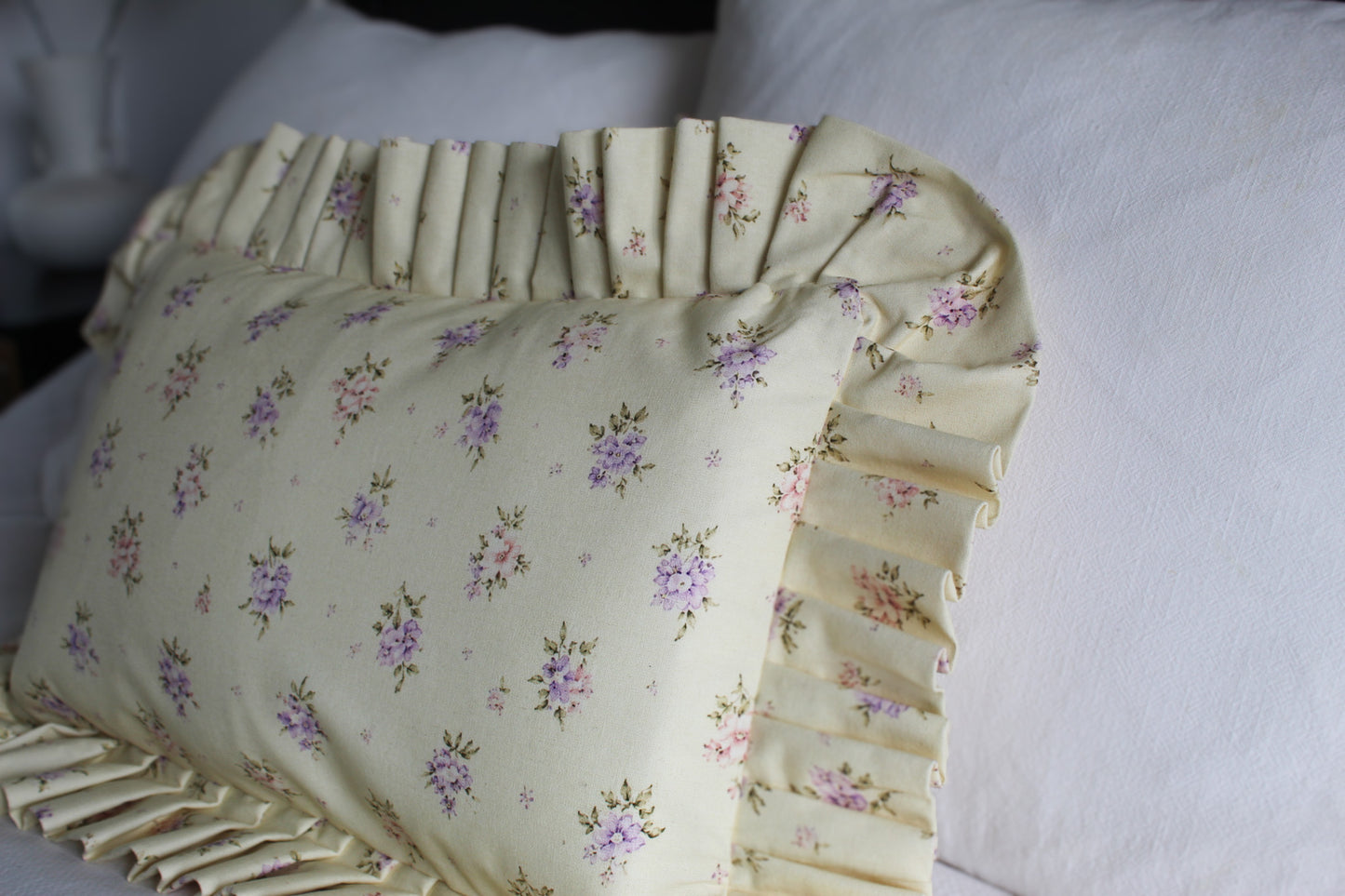 Pastle yellow ruffle floral cotton cushion cover 50x30cm