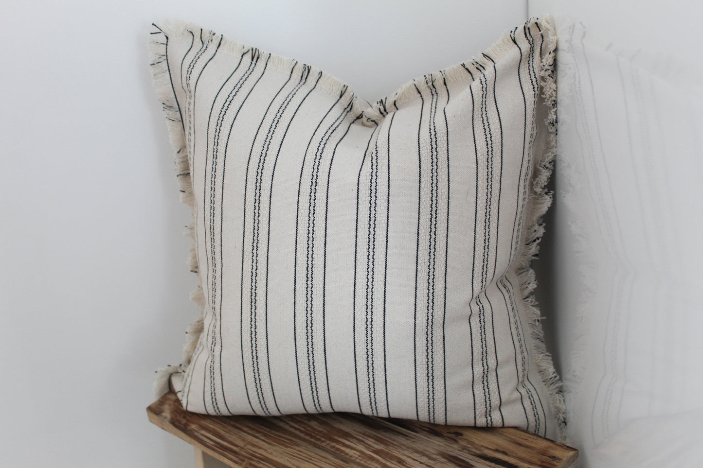 Ivory stripe fringed pillow cover 45x45cm