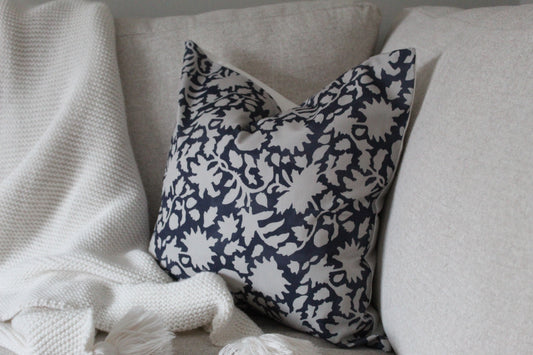 Navy floral print cotton cushion cover 45 x 45cm