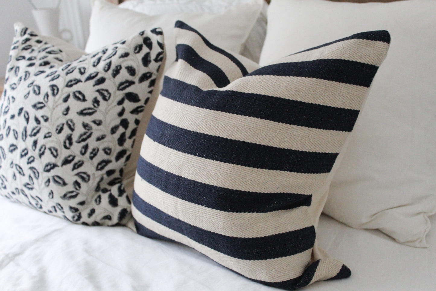 Striped Navy and beige cotton throw pillow cover 45x45cm