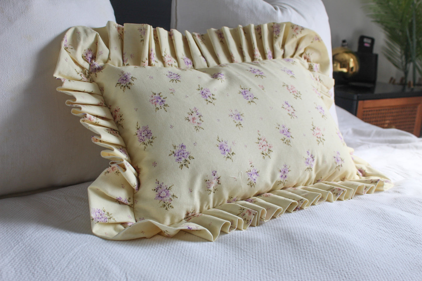 Pastle yellow ruffle floral cotton cushion cover 50x30cm