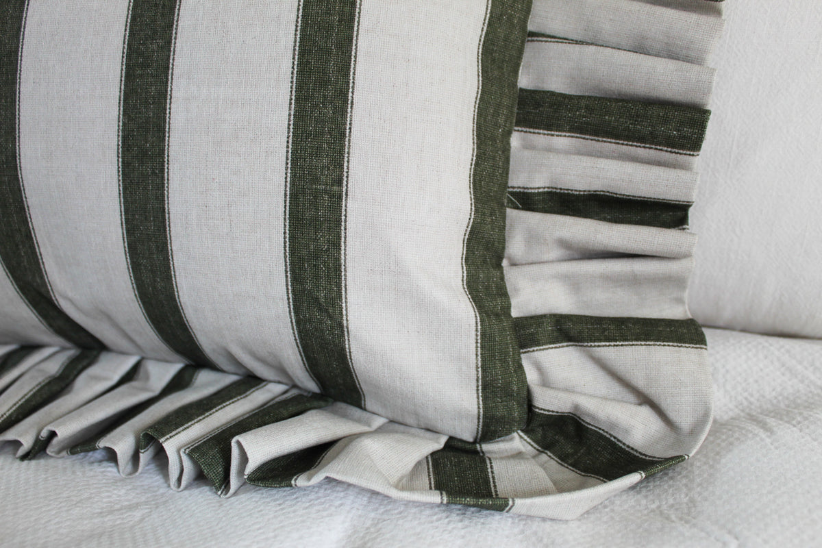 Frilly green stripe cushion cover