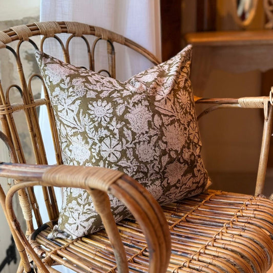 Green country style floral cotton cushion with duck feather insert 45 x 45cm