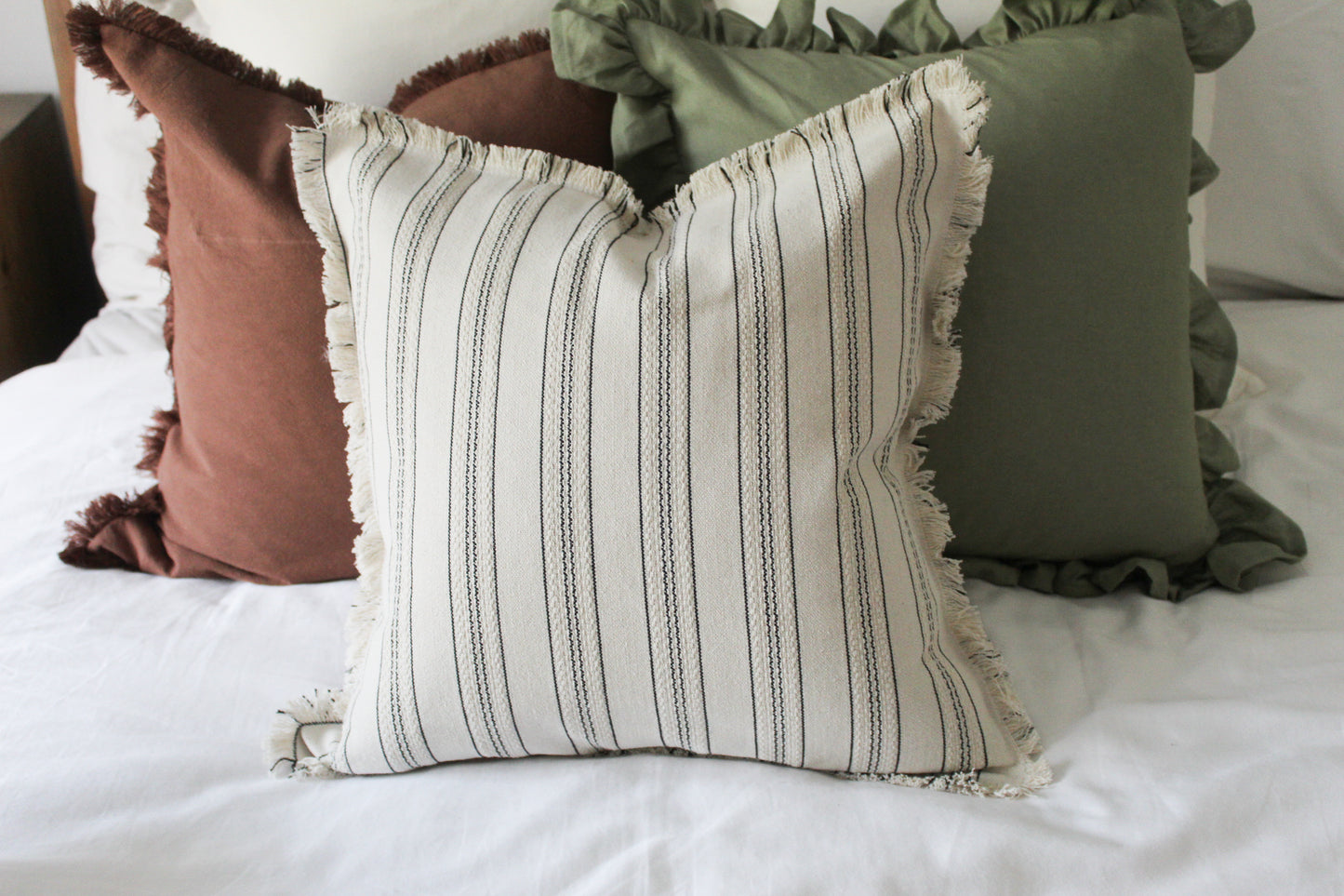 Ivory stripe fringed pillow cover 45x45cm