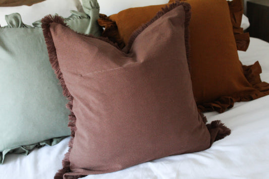 Brown fringe cotton cushion cover 45x45cm