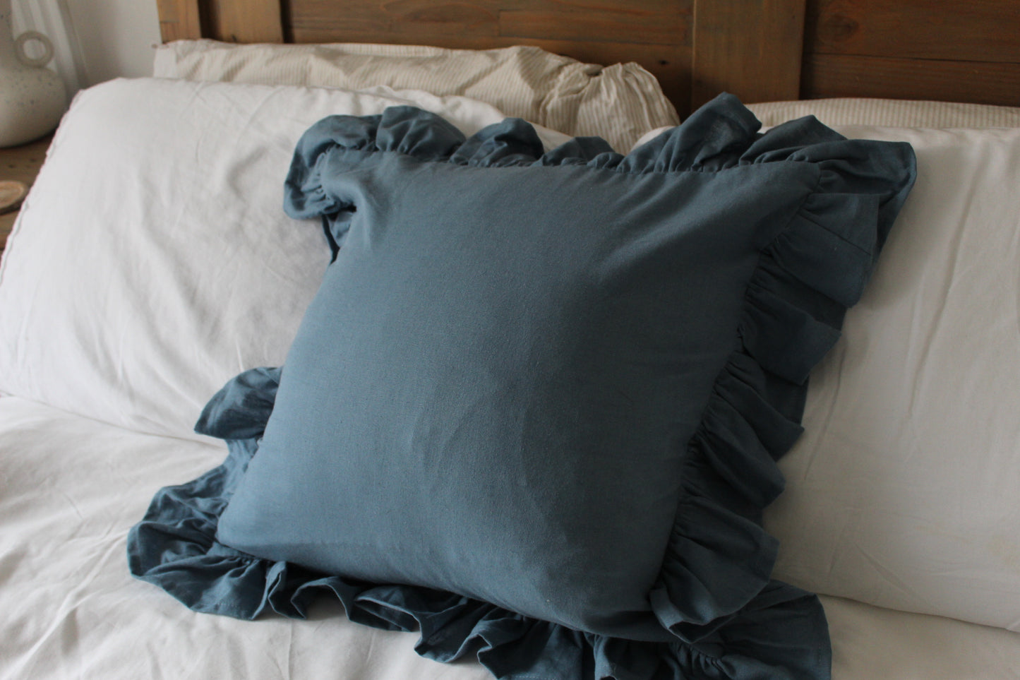 Blue ruffle linen Cushion with duck feather insert 45x45cm , Light blue frilly throw pillow, Blue country fringe cushion with insert