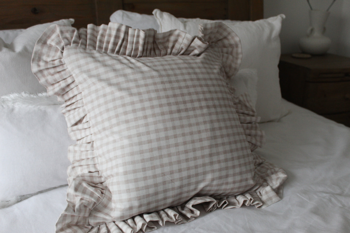 Beige check ruffle Cotton Cushion with duck feather insert 45x45cm , Neutral frilly throw pillow, beige and white cushions