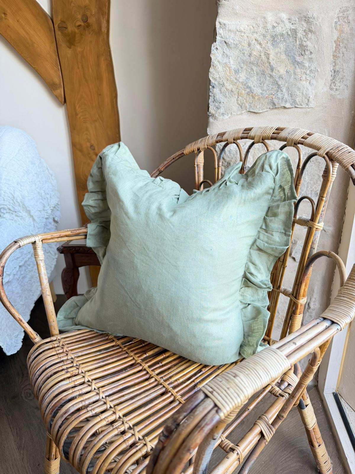 Green ruffle linen cushion cover 45x45cm