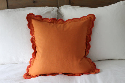 Orange scalloped edge cotton cushion with duck feather inserts 45 x 45cm