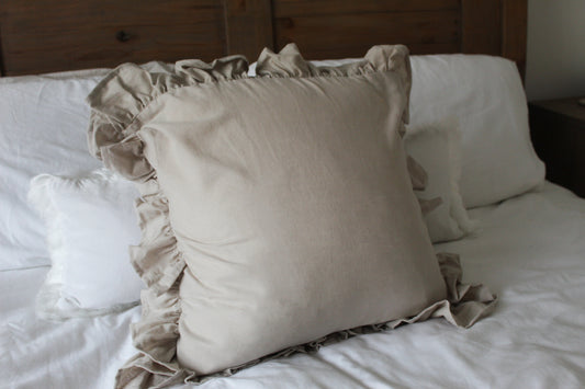 Neutral ruffle linen Cushion with duck feather insert 45x45cm , Neutral frilly throw pillow, Country style cushion