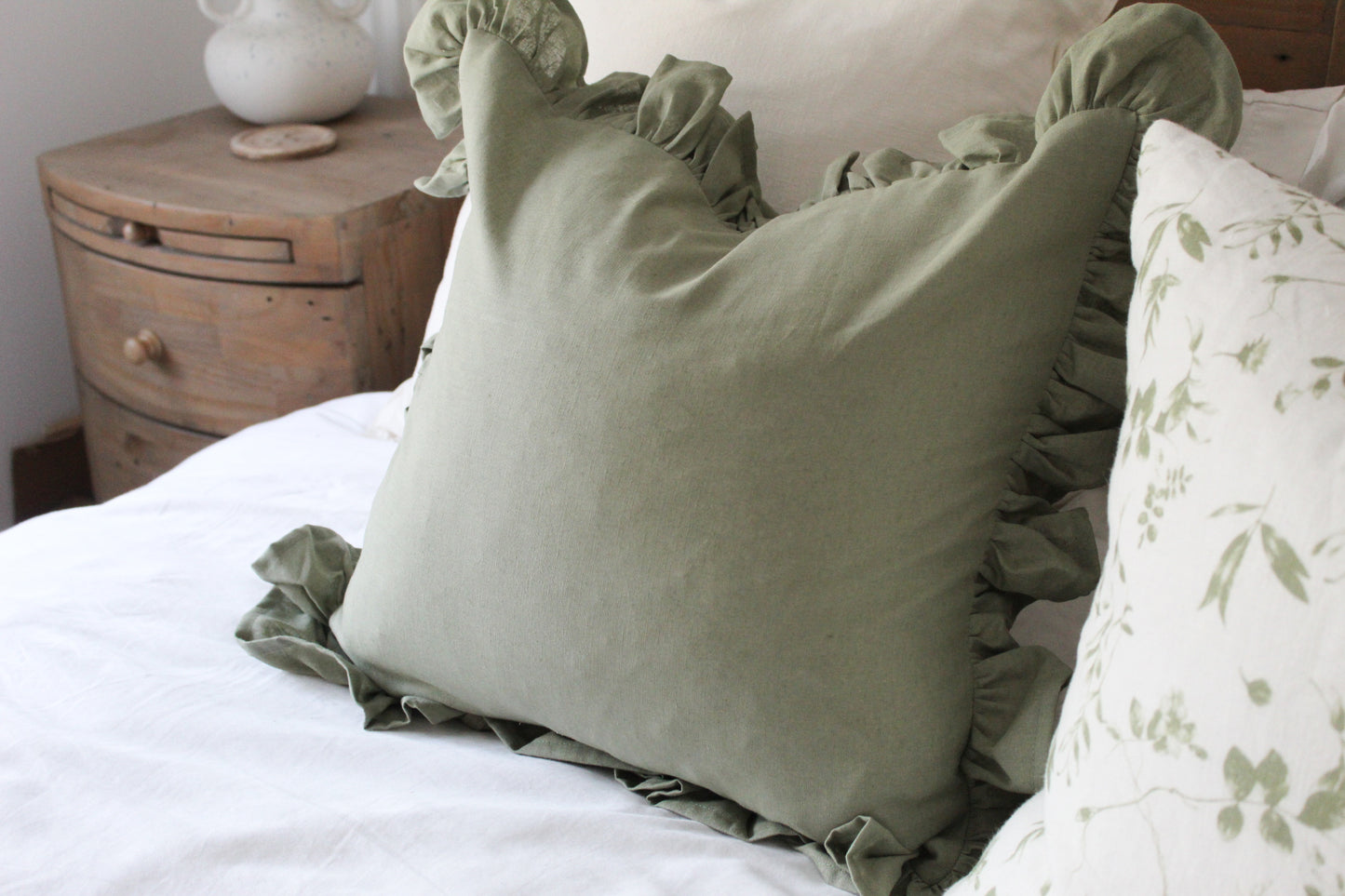 Green ruffle linen cushion cover 45x45cm