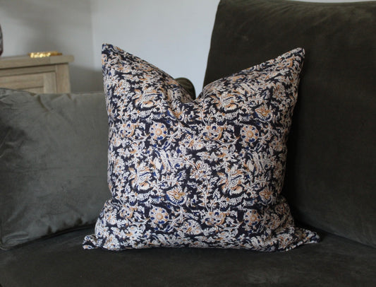 Brown floral print vintage cushion in cotton 45 x 45cm