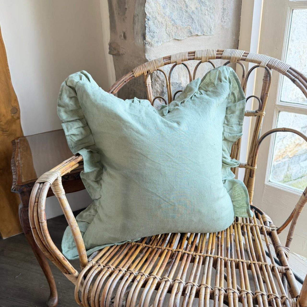 Green ruffle linen cushion cover 45x45cm