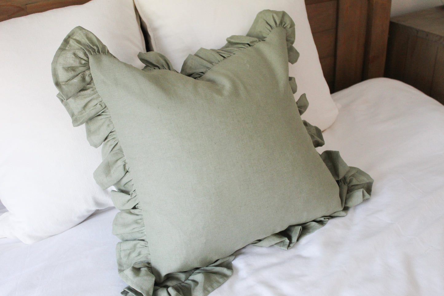 Green ruffle linen cushion cover 45x45cm