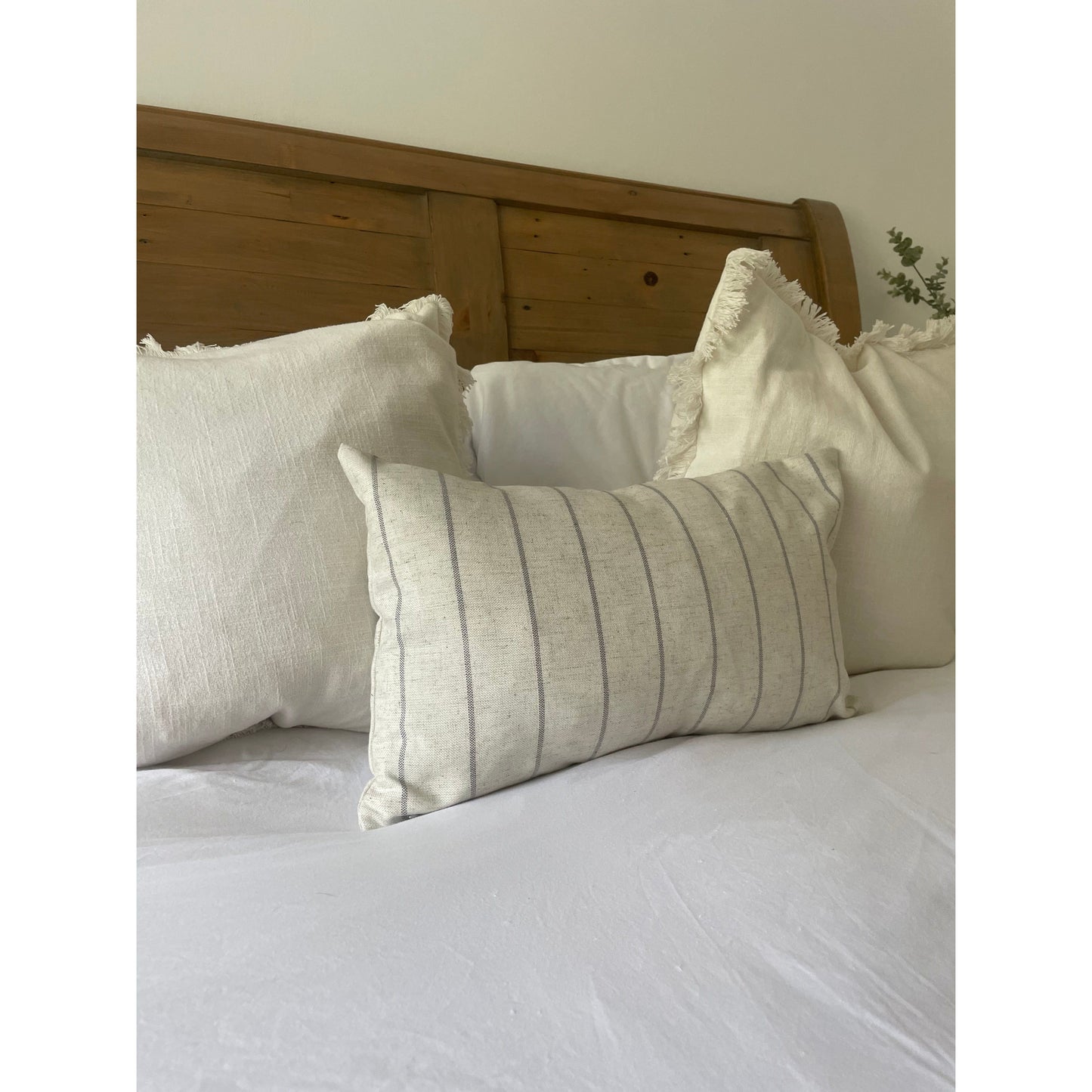 Ivory and grey linen stripe lumbar country style cushion cover 50 x 30cm