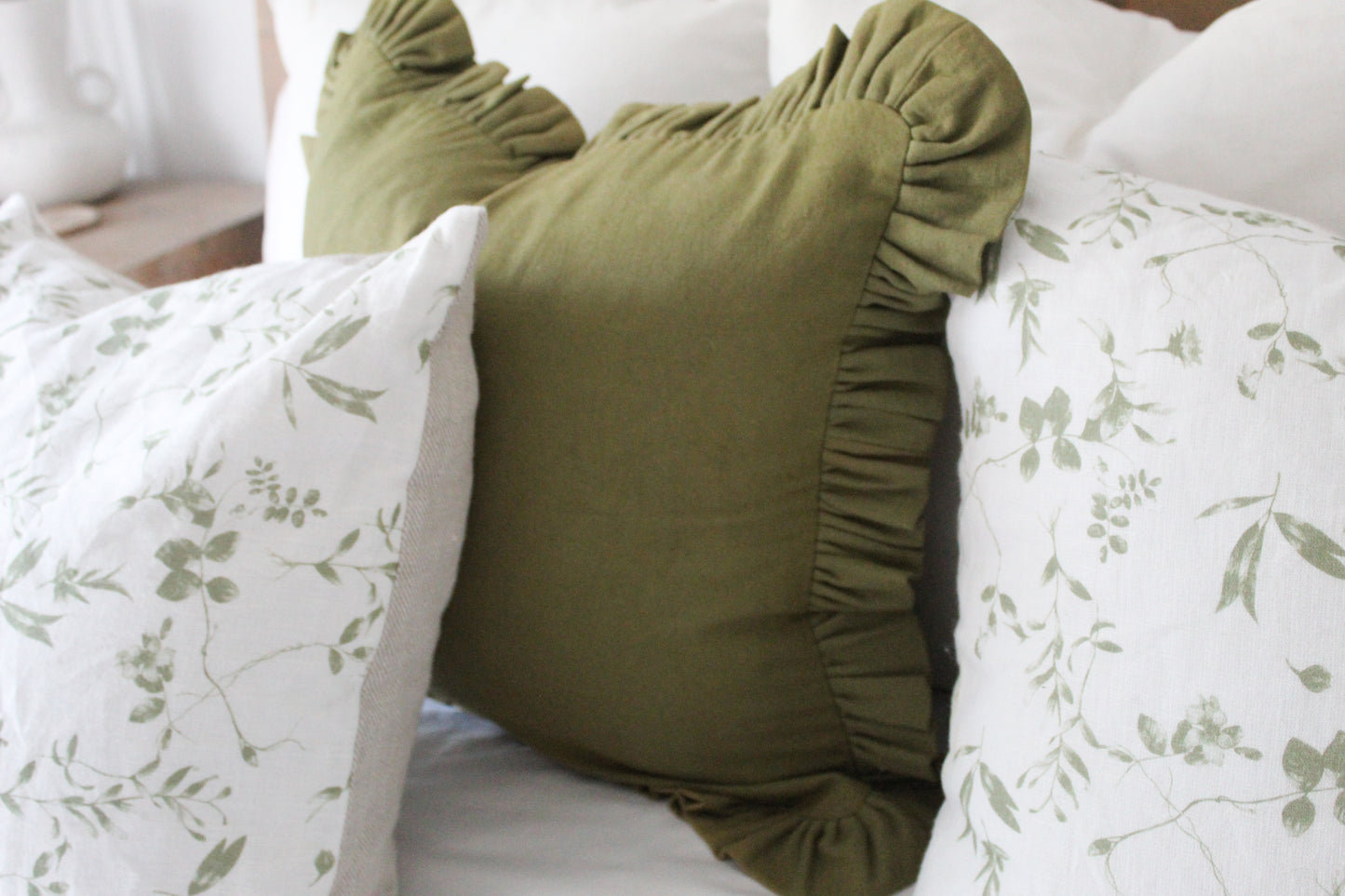 Olive ruffle frill cotton cushion cover 45 x 45xm