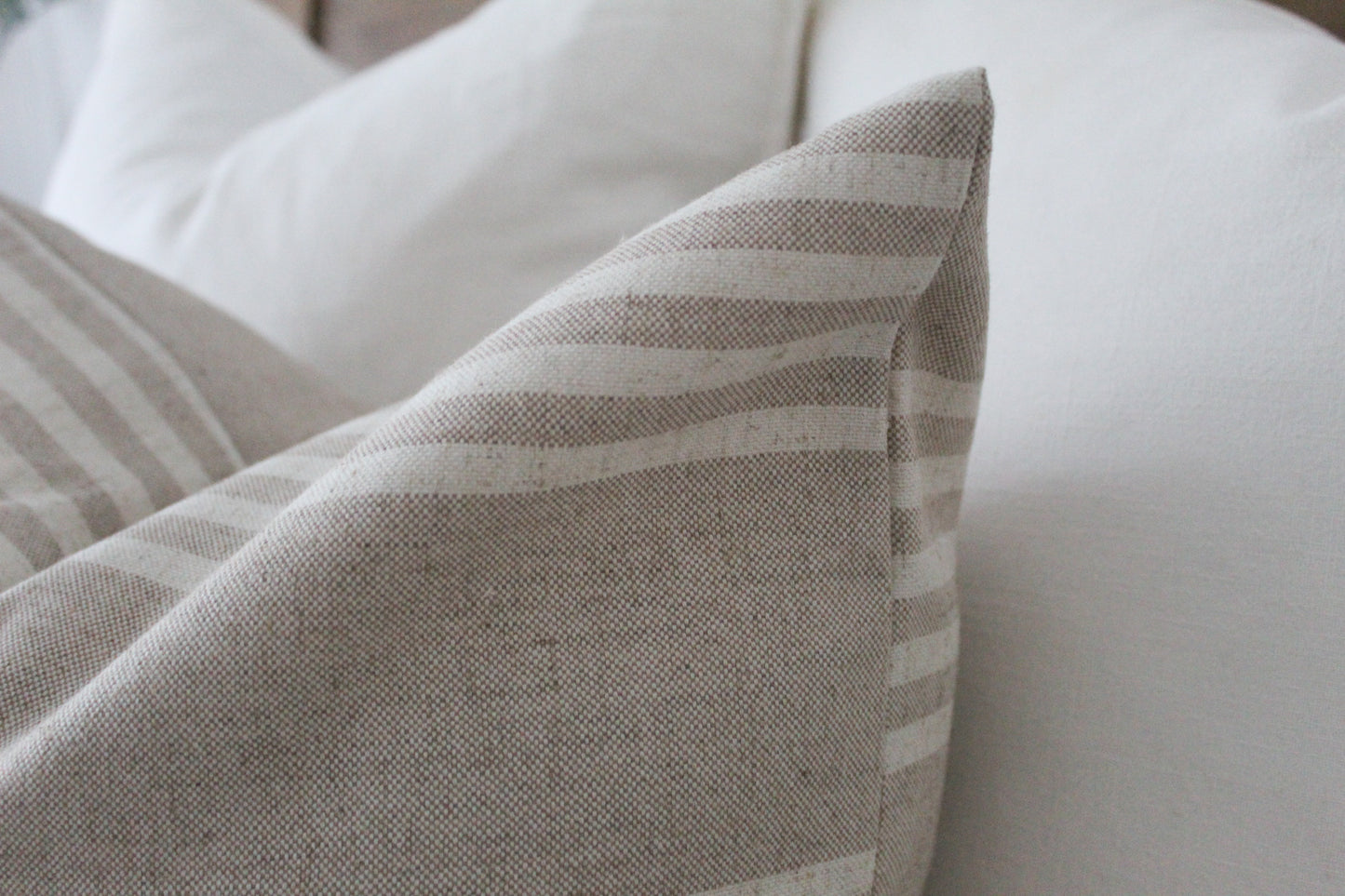 Beige and ivory linen stripe cushion cover 45x45cm, Minimalistic country style pillow cover, Neutral striped throw cotton cushion cover