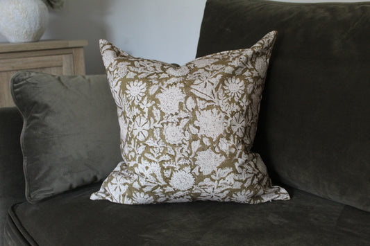 Green country style floral cotton cushion with duck feather insert 45 x 45cm