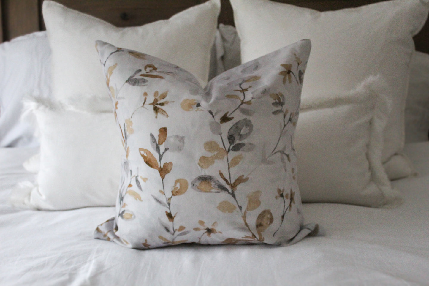 Light grey floral print cotton cushion cover 45 x 45cm