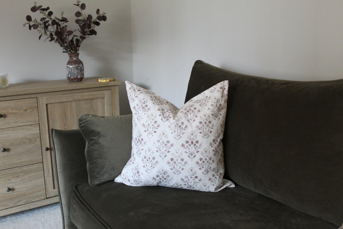 Ivory Floral Cotton Cushion Cover with Vintage Botanical Pattern
