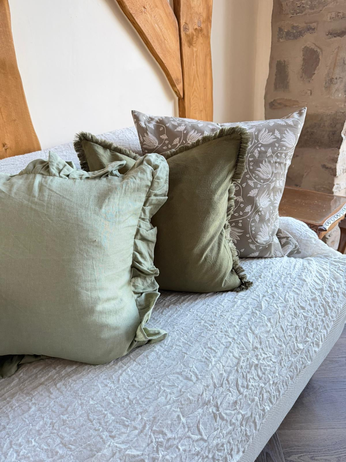 Green ruffle linen cushion cover 45x45cm