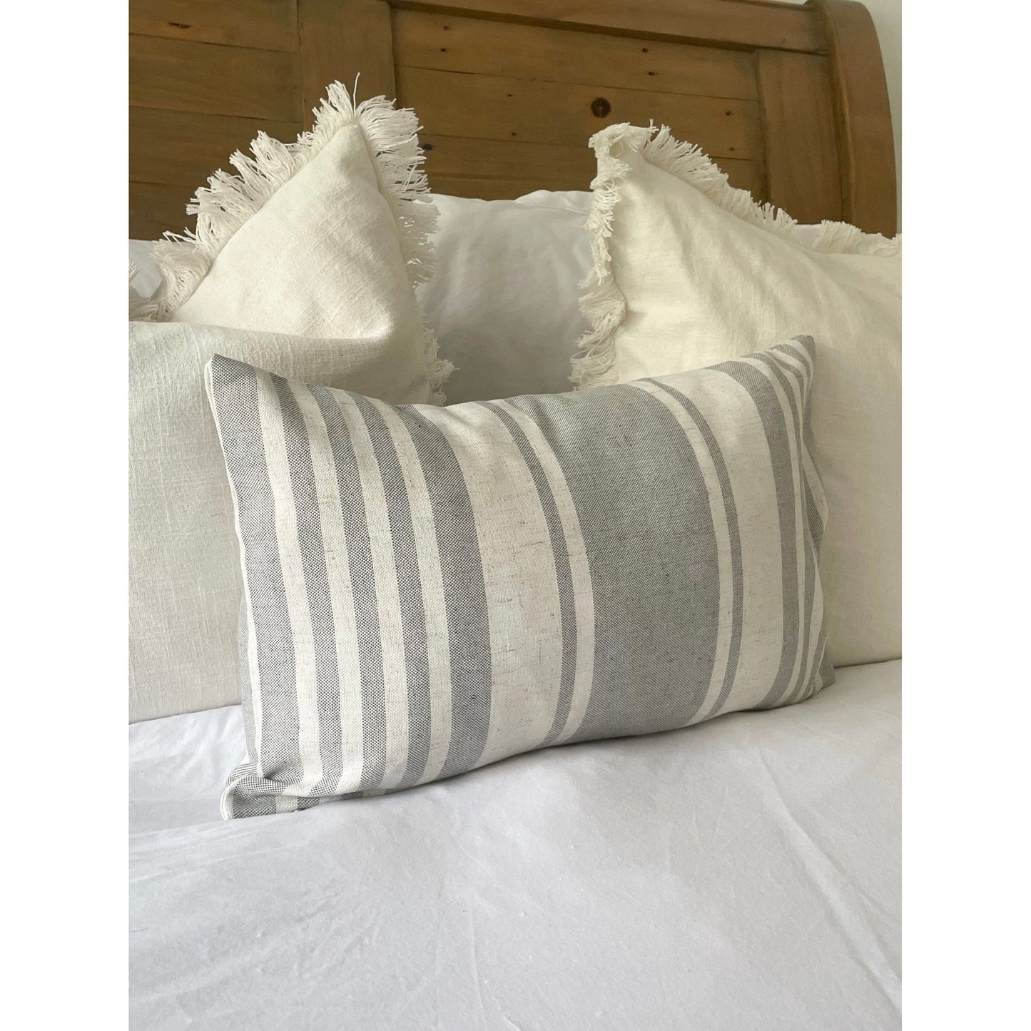 Grey and white linen stripe cushion cover, Minimalistic country style pillow cover, Neutral striped throw cotton cushion cover 2 sizes