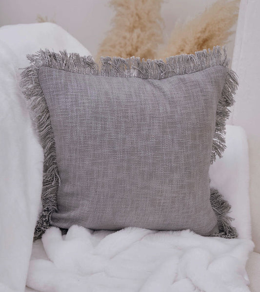 Grey Fringe Cotton Cushion Cover - Emilia