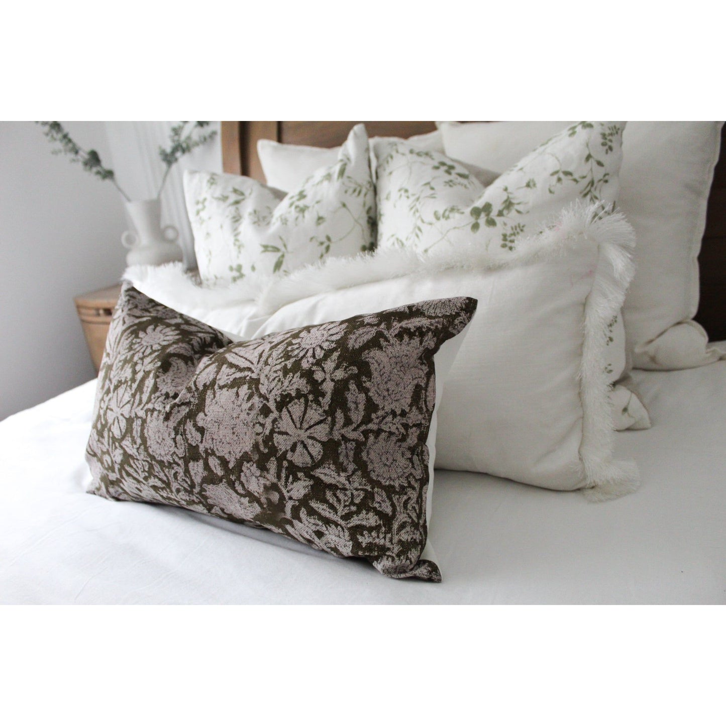 Lumbar green floral cotton cushion cover 50 x 30cm