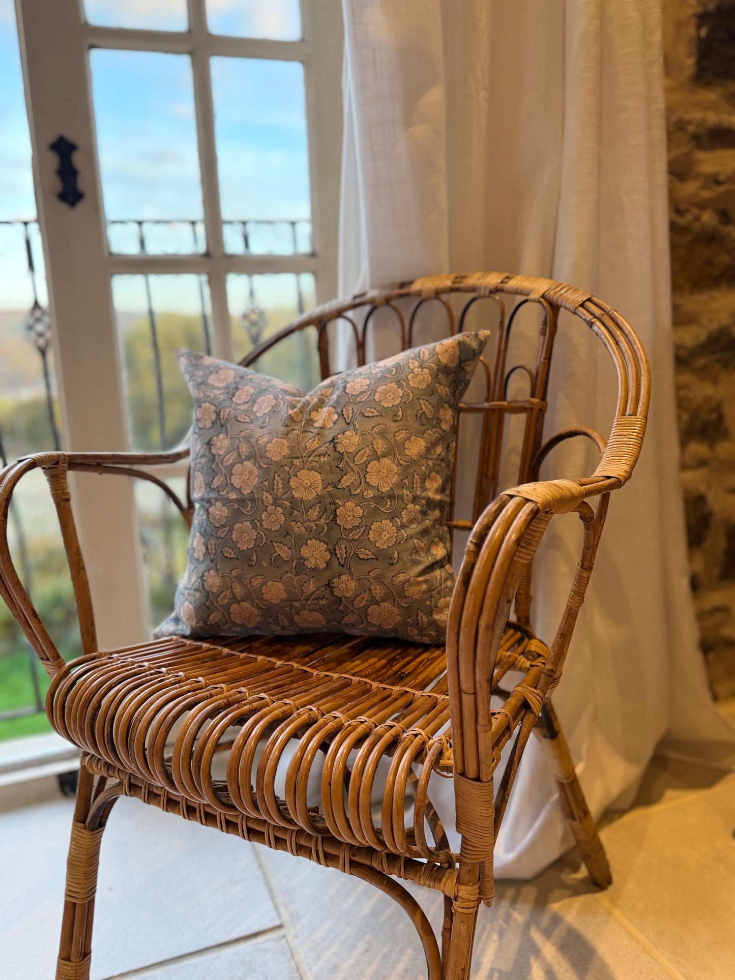 Teal floral print cotton cushion 45x45