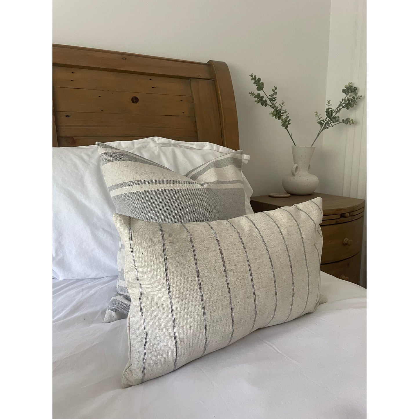 Ivory and grey linen stripe lumbar country style cushion cover 50 x 30cm