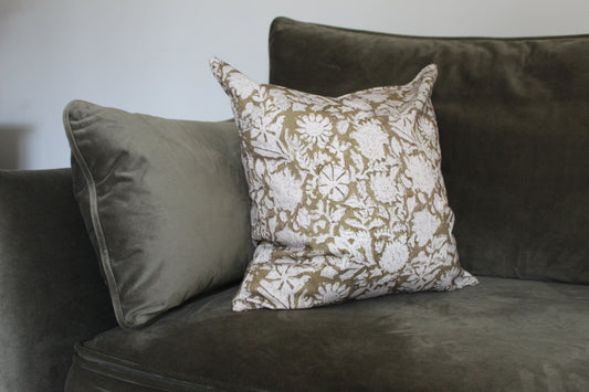 Green country style floral cotton cushion with duck feather insert 45 x 45cm
